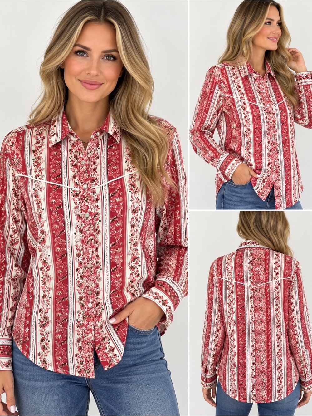Cotton & Rye Rusty Red & Cream Floral Wallpaper Print Western Shirt M